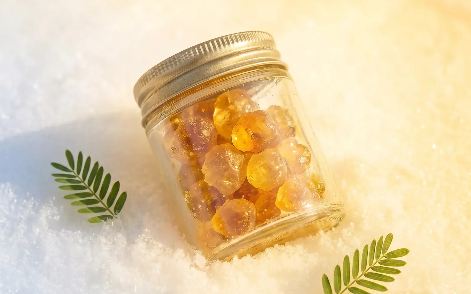 Petit bocal en verre rempli de nodules de gomme arabique posé sur du sable clair, à côté de deux folioles d’acacia.