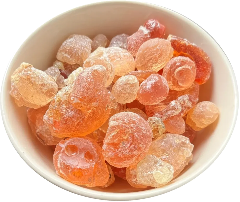 A bowl of raw gum arabic nodules