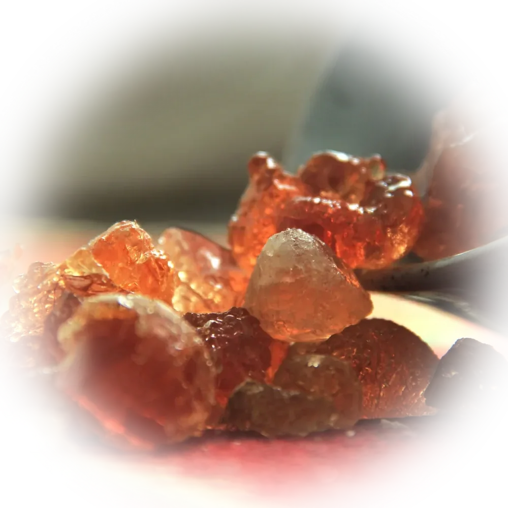 Close-up of translucent amber gum arabic granules