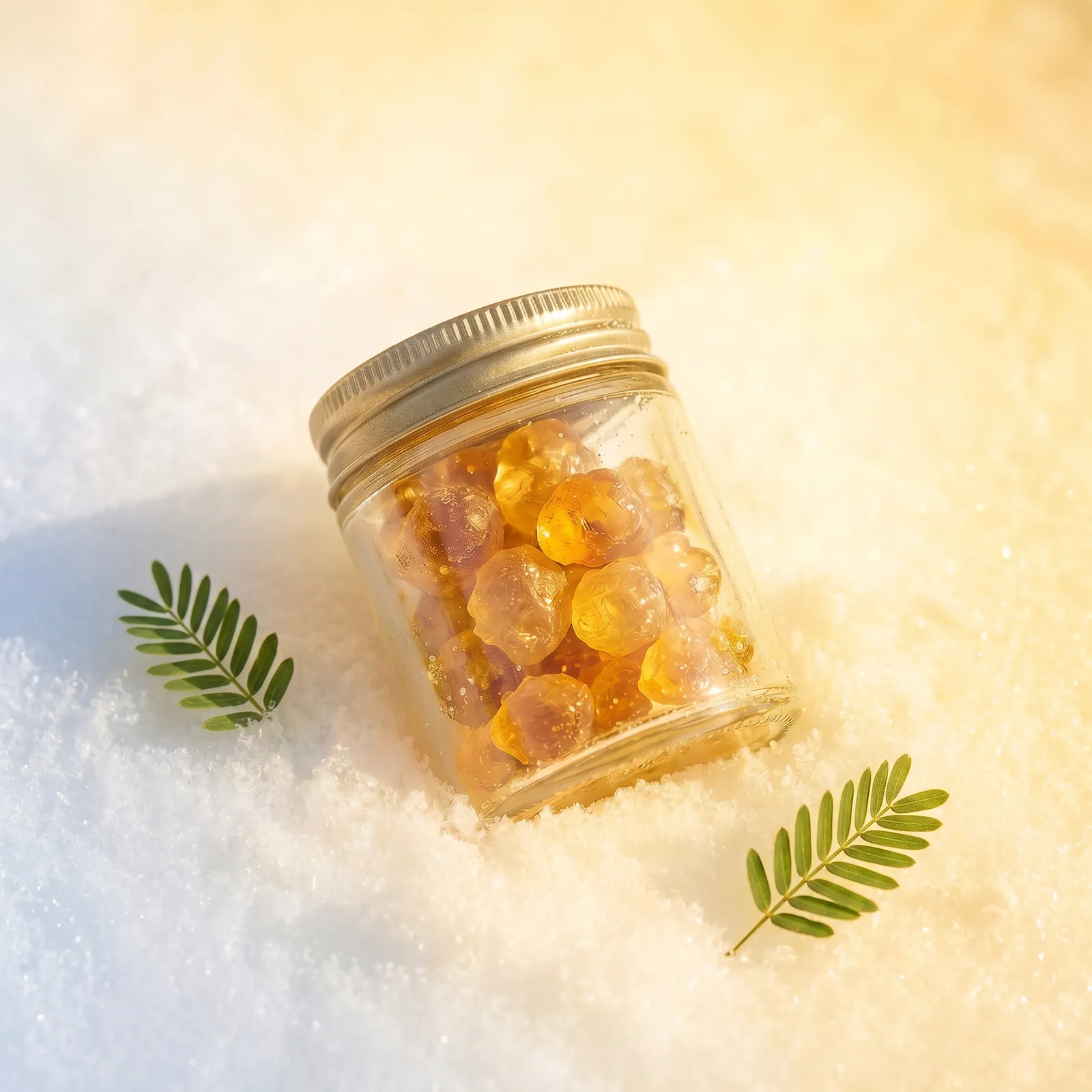Jar of golden gum arabic tears on white sand with acacia leaves